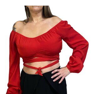 Sz.M*SBetro*Red Long-Sleeve Off-the-Shoulder Crop Top W/ Long Ties